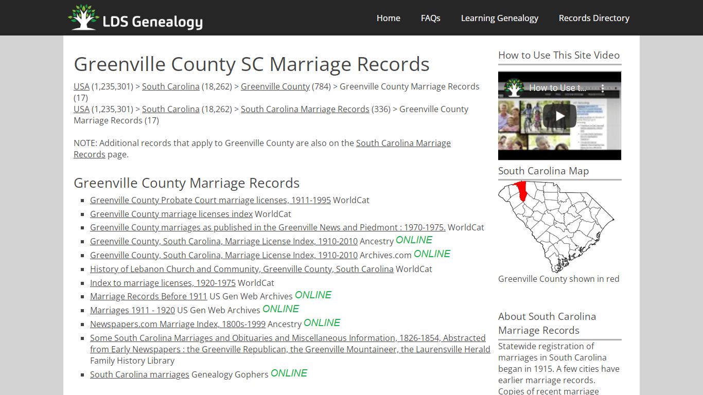 Greenville County SC Marriage Records - LDS Genealogy
